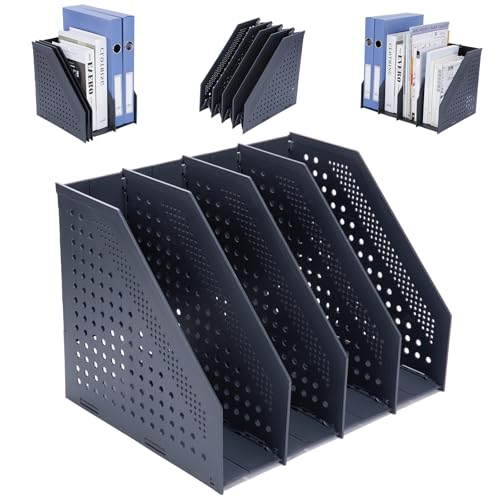 FRETONBA Collapsible Magazine File Holder with 4 Vertical Compartments Foldable Binder Holder for Desk Binder Storage Organizer Plastic Magazine Holders for Shelf, Dark Gray - color: Dark Gray, size: 4 Compartments - 1Pcs