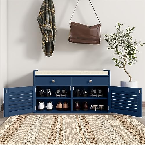 WARMHONIU Shoe Storage Bench with 2 Drawers, Entryway Bench with Cushion, Adjustable Shelves, Shoe Rack Bench with Louvered Doors for Entryway, Bedroom, Hallway, Blue - color: Blue, style: 2 Drawers Storage