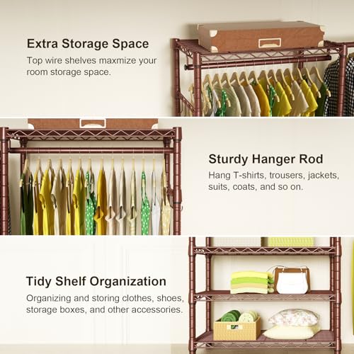 Ulif E1 Heavy Duty Closet Garment Rack, 6 Tiers Adjustable Metal Freestanding Expandable Clothing Storage with 4 Hanger Rods, Easy to Assemble Wardrobe, 71.4" H x (70" - 88.2") L x 14" D, Bronze - color: Bronze
