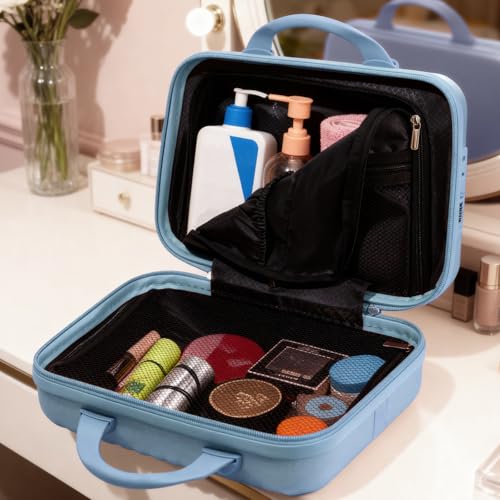 14 Inch Makeup Train Case with Lock Hard Shell Cosmetic Travel Case w Elastic Strap, ABS Portable Toiletry Bag for Toiletries Make up Storage Case Gift for Women Adult - color: Blue, size: 14 Inch