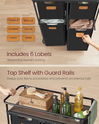 VASAGLE Laundry Sorter, Laundry Hamper with Wheels, 39.6 Gal. (150 L) Portable Rolling Cart Baskets with Shelf, 4 Removable Liners and 6 Labels, Ink Black and Chestnut Brown URLS100B01 - size: 4 Bags