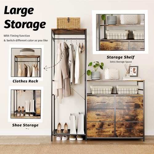 Heavy Duty Garment Rack with Fabric Drawers and LED Light, Freestanding Portable Closet Wardrobe Systems with Shelves for Bedroom, Entryway, Apartment - color: Chestnut
