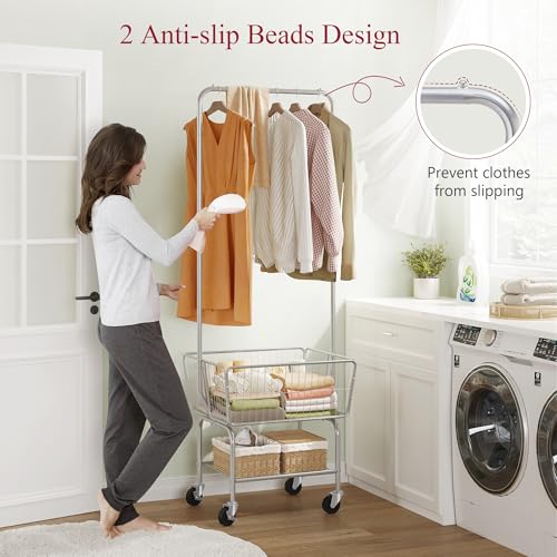 Tajsoon Laundry Cart with Hanging Rack, Metal Rolling Laundry Cart with Wheels and Storage Basket, Silver - color: Silver