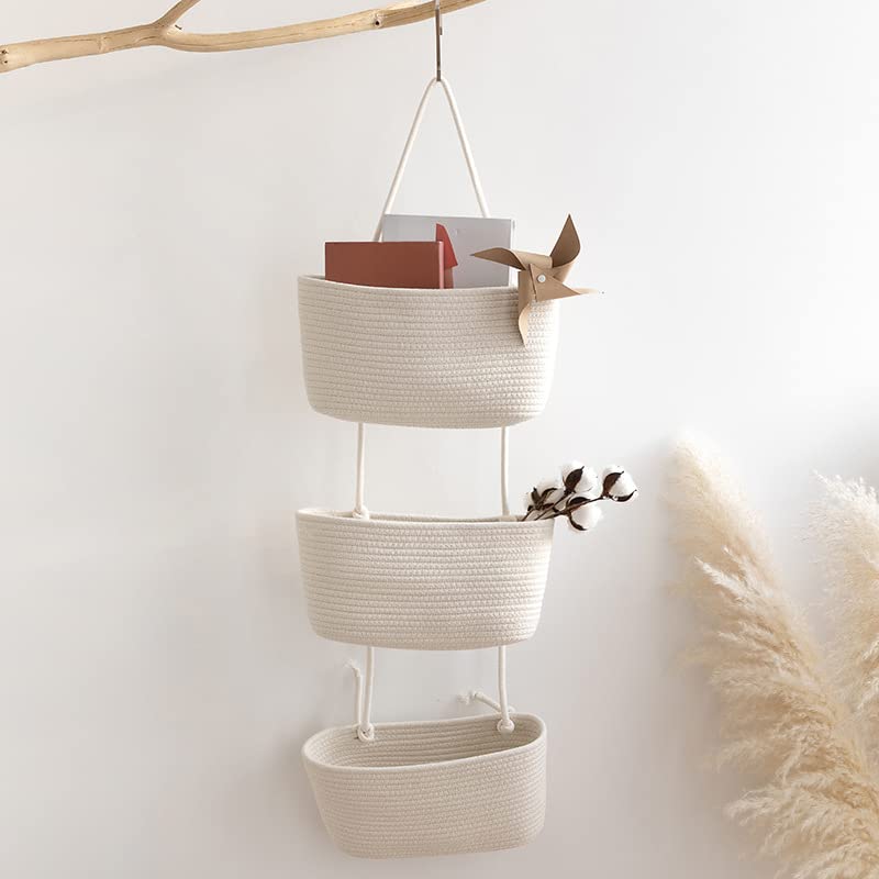 TeoKJ Over the Door Hanging Basket, 3-Tier Woven Cotton Wall-Mounted Storage Organizer Bag Decorative Hanging Nursery Baskets, White - color: White