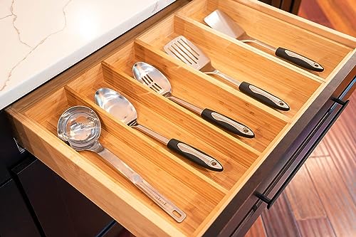 Umilife Bamboo Kitchen Utensils Organizer, 13 Inch Drawer Dividers for Silverware, Extra Deep Holder, with Non-Slip Feet, Wood Caddy for Flatware Cutlery - size: 13 x 17 inch (3 Slots)