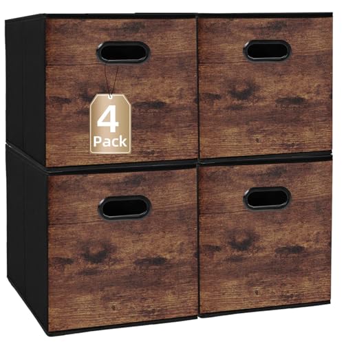 Fabric Storage Cubes, Collapsible Imitation Wood Organizer bins with 2 Handles - Set of 4, Fit Cube Storage Unit, for Clothes, Bedroom, Brown and Black (Large-12.6in x 12.6in x 12.6in-4 Pack) - size: Large-12.6in x 12.6in x 12.6in-4 Pack