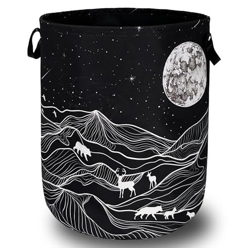 Mountain Laundry Basket Foldable With Handles Deer Bear Moon Tote Bag Oxford Cloth Funny Laundry Hamper Clothes Storage Bucket Toy Organizer For Bathroom/Laundry/Bedroom 18.9" x 16.5 " - color: Mountain With Galaxy Moon Bear