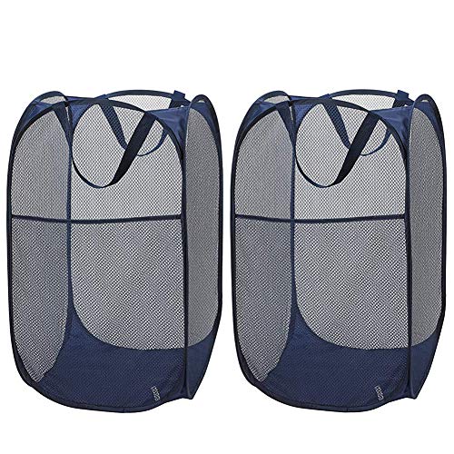 Larpur Popup Mesh Laundry Basket, Collapsible and Portable Clothes Washing Laundry Hamper with Reinforced Carry Handle (Blue*2) - color: 2*Blue