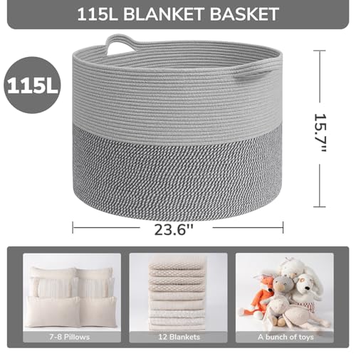 INDRESSME 115L Extra Large Blanket Basket, Cotton Rope Basket for Nursery Living Room, Decorative Woven Storage Baskets with Handles for Dirty Clothes, Toy Bin For Dog Toys, Grey - color: Light & Dark Grey, size: 23.6"D x 15.7"H