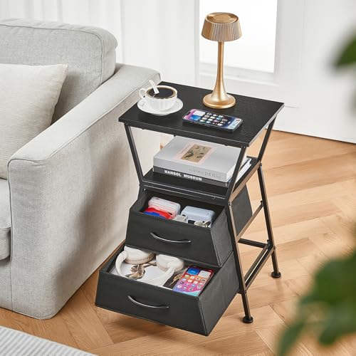 Side Tables for Bedroom Nightstand with 2 Cloth Drawer Bedside Table with Storage End Tables Living Room Sofa Couch - color: Black
