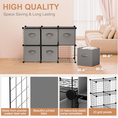 Leinuosen 6 Cube Storage Organizer with 6 Foldable Fabric Storage Bins, Metal Wire Grid Shelves, Stackable Modular Closet Organizer for Bedroom Living Room Office Toys Books(Black,Gray) - color: Black,Gray