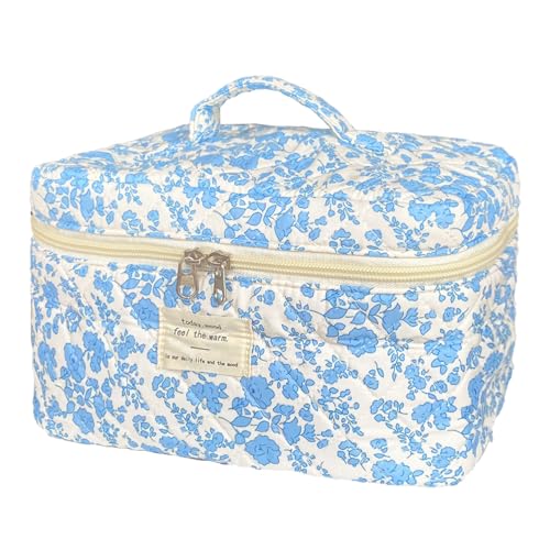 Blue Large Quilted Floral Makeup Bag Cute Soft Coquette Aesthetic Cosmetic Bag Cotton Travel Toiletry Bag for Women - color: A-Blue