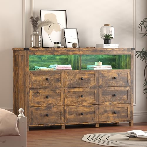 Dresser for Bedroom with 9 Drawers, Wide Chest of Drawers with LED Light and Power Outlet, Wooden Closet Organizer Clothes Storage Cabinet, Modern Double Dressers for Living Room, Hallway, Brown - color: Brown, size: 15.8"D x 59.1"W x 39.4"H (9 Drawers)