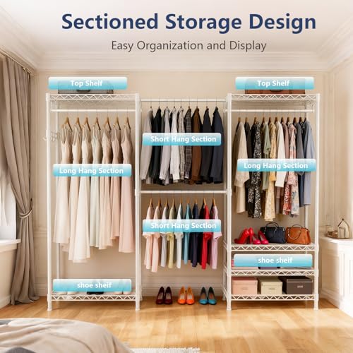 Heavy Duty Closet Garment Rack, 6 Tiers Adjustable Metal Freestanding Expandable Clothing Storage with 4 Hanger Rods, Easy to Assemble Wardrobe, 71.4" H x (70" - 88.2") L x 14" D, White - color: White