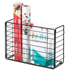 Lonian Wall Mounted Storage Basket, Black Metal Wire Kitchen Wrap Organizer Rack, Heavy Duty Hanging Basket for Cabinet Door, Pantry, Cutting Boards, Foil, and Cleaning Supplies