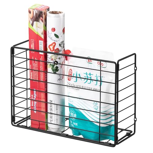 Lonian Wall Mounted Storage Basket, Black Metal Wire Kitchen Wrap Organizer Rack, Heavy Duty Hanging Basket for Cabinet Door, Pantry, Cutting Boards, Foil, and Cleaning Supplies