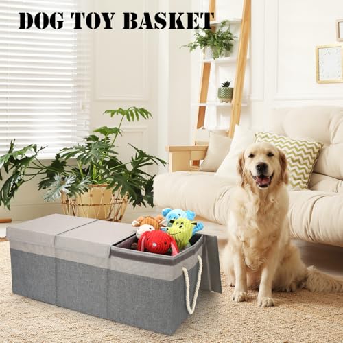 Extra Large Dog Toy Basket With Lid, Foldable Dog Toy Box for Living Room Area, 29.5" Basket for Dog's Toys, Clothes, Organizers and Storage with Hard Board, Anti-slip for Pet Supplies