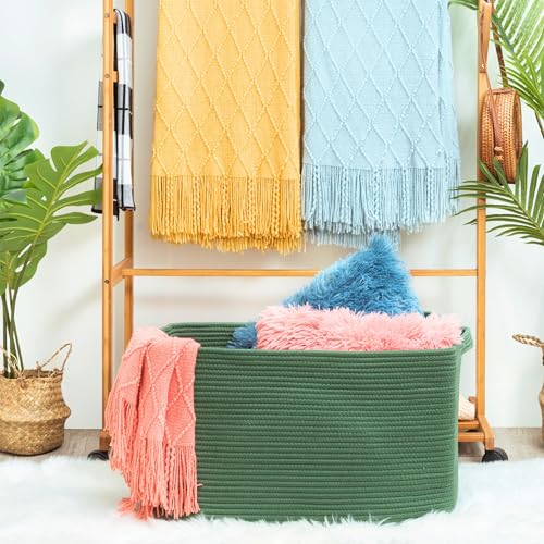 MINTWOOD Design 22in Extra Large Blanket Basket Holder Living Room, Rectangle Rope Woven Storage Basket with Handles for Laundry, Pool Towels, and Shoes, Dog Toy Organizer Bin Box, Forest Green - color: Forest Green