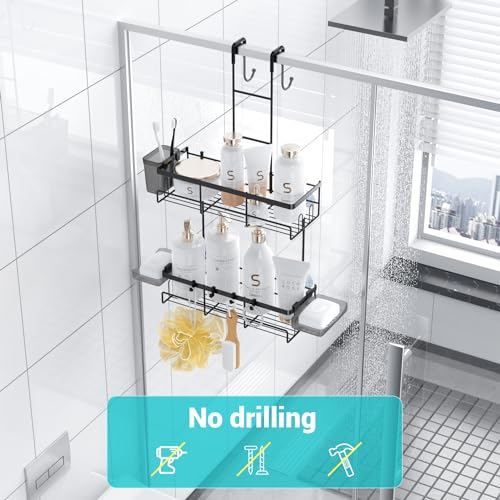 Aitatty Over the Door Shower Caddy Hanging: Black Rustproof Shower Organizer over the Door - No Drilling Bathroom Rack for Inside - color: Black