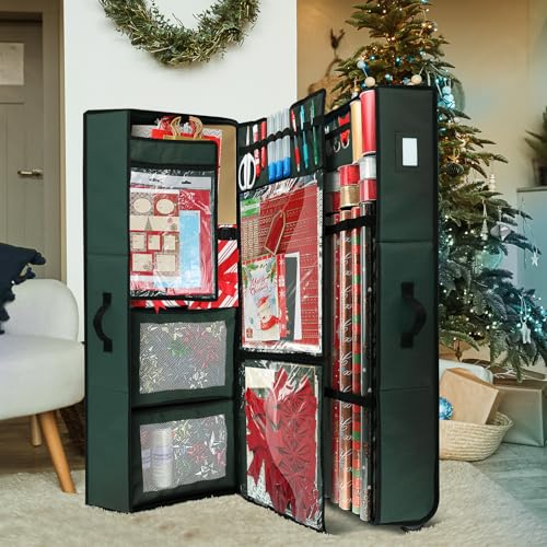 Hearth & Harbor Holiday Storage with Extra 2 PC of Christmas Storage Bins and Ribbon Storage Organizer - Fade Resistant Wrapping Paper Storage Containers with Wheels Fits Up to 30 Rolls of 40" Length - color: Green, size: Extra Large