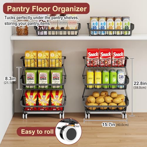 Miyawell 3-Tier Rolling Pantry Cart with Wheels, Stackable Wire Storage Floor Organizer for Kitchen Pantry Snack Shelves, Fruit Basket Stand, Vegetable Storage Rack for Food Snacks Onion Potato - color: 3 Tier-black (1 Pack)
