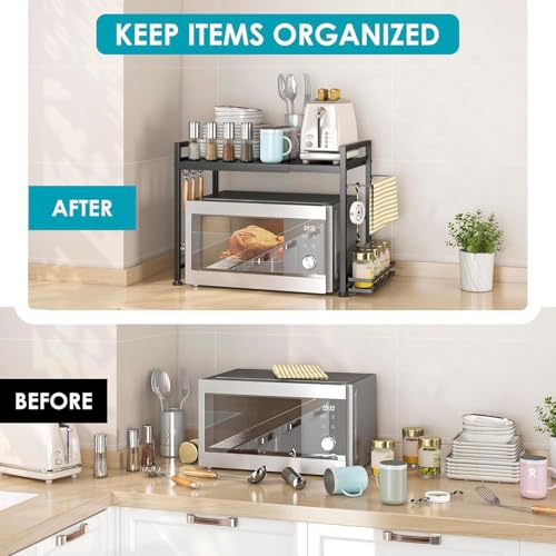 DOLALIKE Microwave Oven Rack, Expandable Microwave Stand Kitchen Countertop Organizer Utensils Storage, Carbon Steel Over Microwave Shelf with 3 Hooks (Black, 2 Tier- With Storage) - color: Black, size: 2 Tier (With Spice Rack)