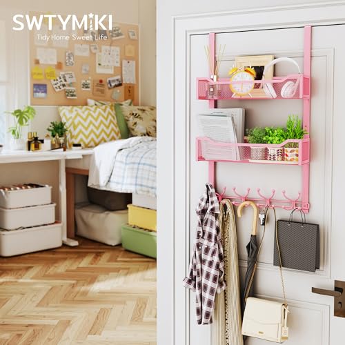 SWTYMIKI Over The Door Hooks Organizer - Multi-Functional Door Hanger with 16 Hooks & 2 Mesh Baskets, Long Coat Rack for Bathroom, Bedroom, Living Room, Home Storage Organizer, Pink - color: Pink