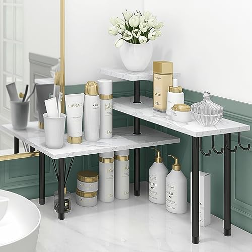 Homode Bathroom Counter Corner Shelf, 3 Tier Kitchen Countertop Organizer for Over The Sink, Make Up, Dresser Table, White Marble - color: White Marble, With Hooks