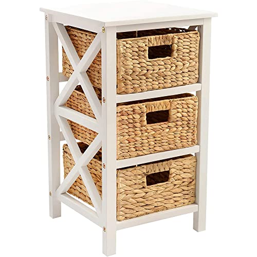eHemco 3 Tier X-Side End Table with 3 Wicker Baskets for Bedside, Living Room, White - color: White, size: 14"D x 14"W x 25"H (3 Drawers)