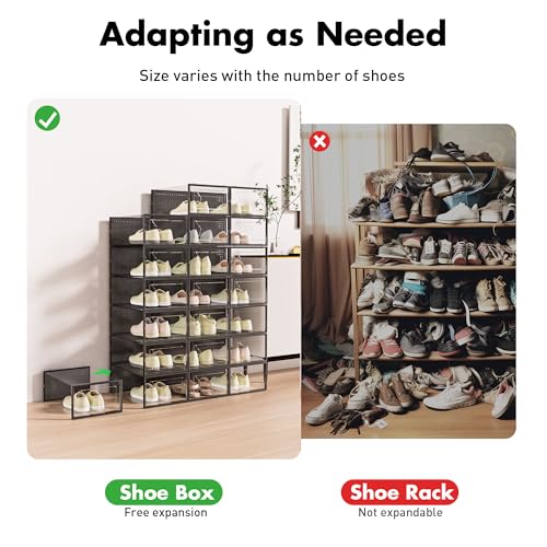 Foluck Shoe Storage Box, 15 Pack Clear Plastic Stackable Shoe Organizer for Closet, Interlocking Design for Sneakers, Foldable Shoes Container Rack with Lids, Black - color: Black