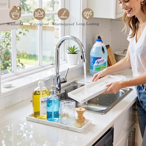Luxspire Bathroom Vanity Tray, 11.8 x 5.1 Silicone Kitchen Counter Tray for Soap Dispenser, Bathroom Countertop Organizer for Perfume Soap Towel Bathroom Accessories, 2 Packs, Marble White - color: Marble White, size: 11.81 × 5.12 × 0.79 in