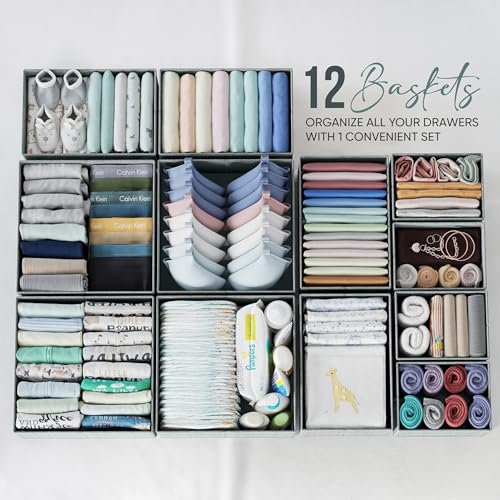 Drawer Organizer Clothes Set of 12 Grey - Dresser Organizer For Nursery, Bedroom, Closet - The Perfect Baby Clothes Organizer and Storage & General Nursery Organization or Dresser Drawer Organizers - color: Grey