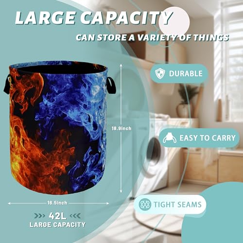 Red Blue Fire Flame Laundry Basket Foldable With Handles Cool Tote Bag Oxford Cloth Colorful Laundry Hamper Clothes Storage Bucket Toy Organizer For Bathroom/Laundry/Bedroom 18.9" x 16.5 " - color: Cool Red and Blue Fire Flame
