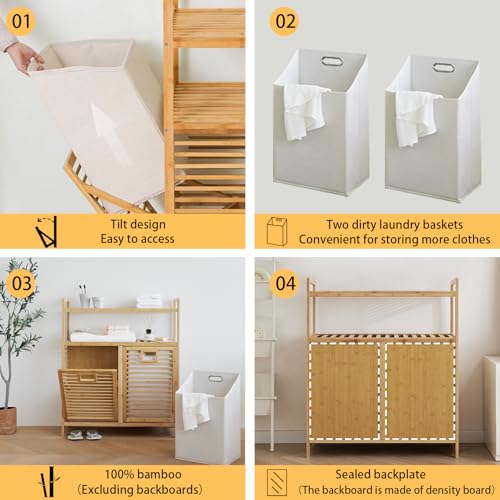Baveke Double Tilt Out Laundry Hamper, Bamboo Hamper with 2 Removable Bags, Pull Out Laundry Hamper Cabinet, Bathroom Storage Shelf for Laundry Room, Living Room, Bedroom (2-Tier, Natural) - color: Natural, size: YSJ02-2T