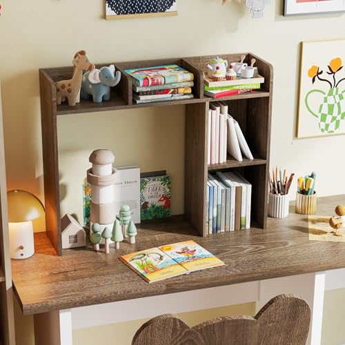 Tangkula Desktop Bookshelf, Countertop Storage Hutch with Shelves for Computer Desk, Desk 3-Tier Display Rack, Multipurpose Wood Desktop Hutch Storage Organizer for Dorm Office - color: Grey, size: 5 Shelves