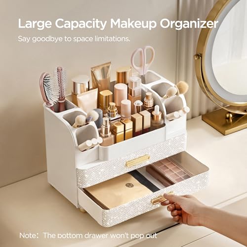 HBlife Makeup Organizer for Vanity with Brush Holder, Large Bathroom Countertop Cosmetic Organizer Skin Care Storage, Easy to Store Nail Polishes, Perfumes, Eyeshadow Palettes, Pearl All White - color: Pearl All White