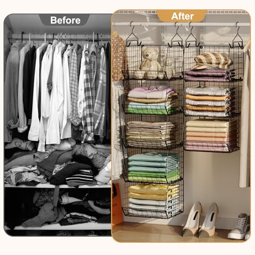 6 Tier Closet Hanging Organizer, Clothes Hanging Shelves with 4 Hanging Hooks 5 S Hooks, Wire Storage Basket Bins, for Clothing Sweaters Shoes Handbags Clutches Accessories Patent Design-Black
