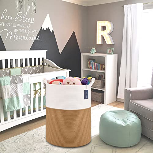 COMSE Extra Large Blanket Basket, Tall Woven Storage Basket, Nursery Hamper, 15.7”x 21.7”, Cotton Rope Laundry Hamper for Toys Clothes Towels, White/Camel - color: White & Camel