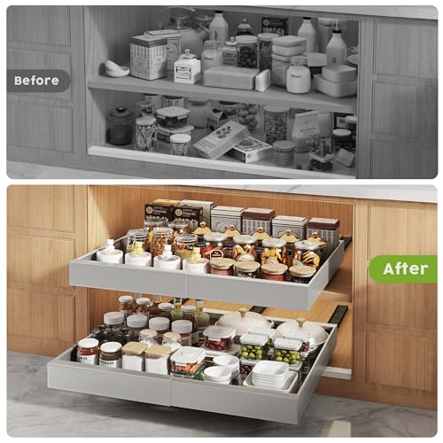 Seinloes 4 Pack Pull Out Cabinet Organizers 21" Deep With Raising Pad for Framed Cabinets, Expandable Slide Out Drawers with 4pcs Divider Racks, Roll Out Shelves, Adjustable Width 12"-20.45" Silver - color: Silver, size: 12"-20.45"Wide x 21"Deep(4 Pack)