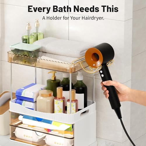 TasticTotes Bathroom Counter Organizer with Hairdryer Holder, 2-Tier 2-Drawer Shower Organizer for Skincare, Makeup Cosmetics, Large Capacity Vanity Organizer, Bathroom Decor, Valentine's Day(Amber)