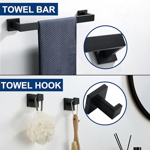 5 Pieces Bathroom Hardware Accessories Set Matte Black, 16Inch Square Towel Racks Set for Bathroom, SUS304 Stainless Steel Towel Bar Set, Bath Accessories Sets Wall Mounted - color: Matte Black, size: 16" 5pcs