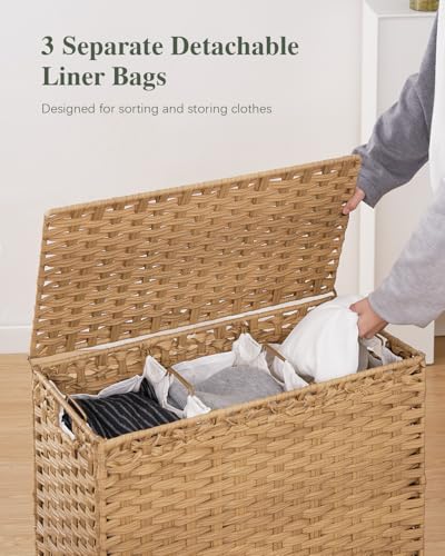 SETVSON Laundry Hamper with Lid 132 L, (35 Gallons) Clothes Hamper with Lid, Handwoven Rattan Laundry Hamper with Metal Heightened Feet, Laundry Hampers with 3 Removable Liner Bags for Laundry-Natural - color: Natural, size: 132 L - 35 gal