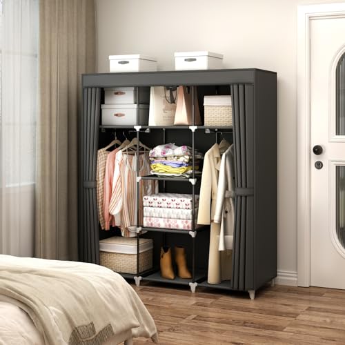 MOGELAFOO Portable Closet Wardrobe, 51-Inch Clothes Organizer with 2 Hanging Rods and 8 Shelves, Non-Woven Fabric Cover, Medium Capacity Storage for Bedroom and Living Room, Black - color: Black, size: 51"W x 18"D x 66"H