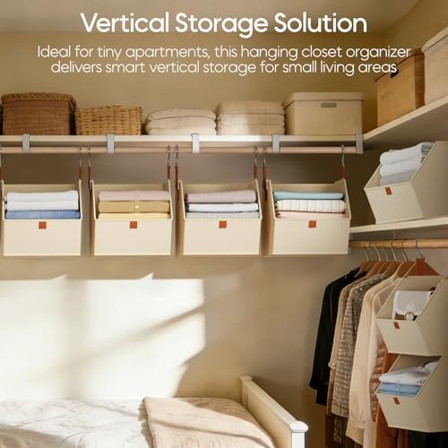 Homsorout Collapsible Hanging Closet Organizer - 3 Tier Closet Shelves Storage System with Hooks, Fabric Hanging Storage Bins for Clothes, Foldable Storage Basket for Laundry, Bedroom, Rv, Beige - color: Beige, size: 3 shelves