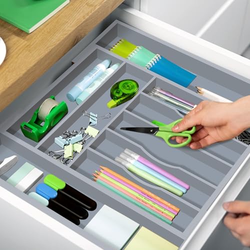 ROYAL CRAFT WOOD Luxury Bamboo Kitchen Drawer Organizer - Silverware Organizer - Utensil Holder and Cutlery Tray with Grooved Drawer Dividers for Flatware and Kitchen Utensils (9 Slot, Gray) - color: Gray, size: 9 Slot