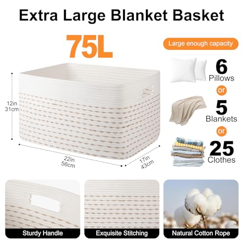 OIAHOMY 75L Blanket Basket, Woven Cotton Rope Basket for Organizing 22”x17”x12”, Used for Living Room, Bedroom, Nursery, Light Yellow & White - color: Light Yellow & White, size: 22”x17”x12”