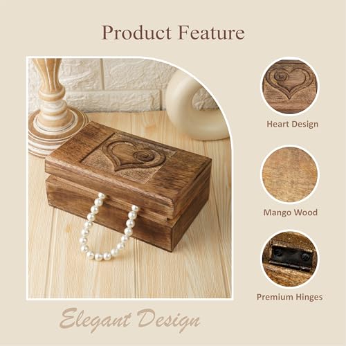 Ajuny Wooden Decorative Jewelry Box with Heart Design Carving - Multipurpose Treasure Chest Storage Keepsake Box Necklaces Watch Organizer Boxes Birthday Gifts for Women & Men 8x5 Inch - style: Heart Carved Center