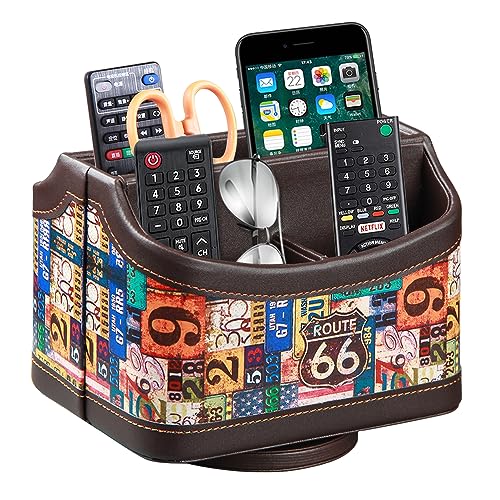 PUSU Remote Control Holder, Colorful Pattern Nightstand TV Caddy, PU Leather 360 Degrees Rotatable Desktop Organizer Storage Box for TV Remotes/Media Controllers/Office Supplies - color: highway
