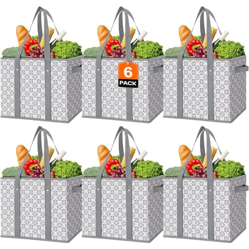WISELIFE Reusable Grocery Bags [6 Pack],Large Grocery Tote Bag Water Resistant Shopping Bags Foldable Grocery Bag for Clothes,Shoes and Picnic - color: Grey, size: 6 PCS