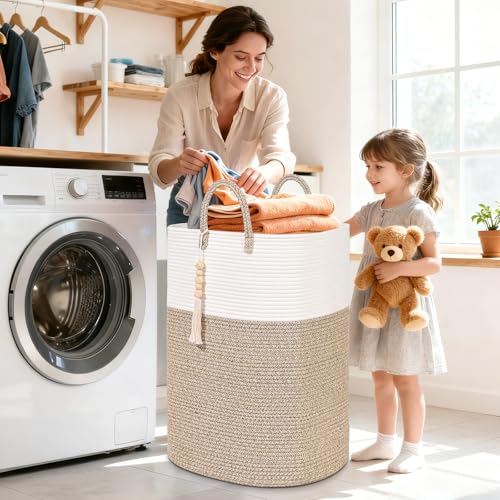 Woven Laundry Basket for Clothes, 80L Large Rectangle Laundry Hampers with Beads Tassel, Nursery Storage Basket for Toys, Tall Dirty Clothes Hamper for Bedroom Aesthetic, Laundry Room Organization - color: Brown, size: 80L